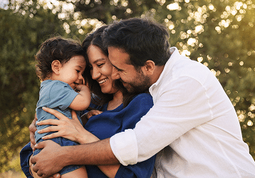 Happy family of three sharing a warm embrace outdoors, with parents smiling at their young toddler.